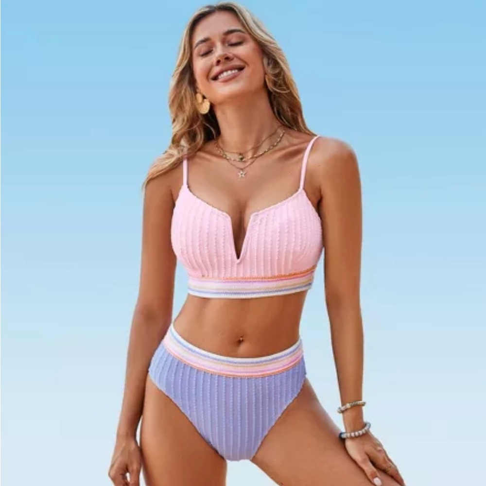 Women's Pink V-Wire Bikini Top & Purple High-Rise Bottoms Set